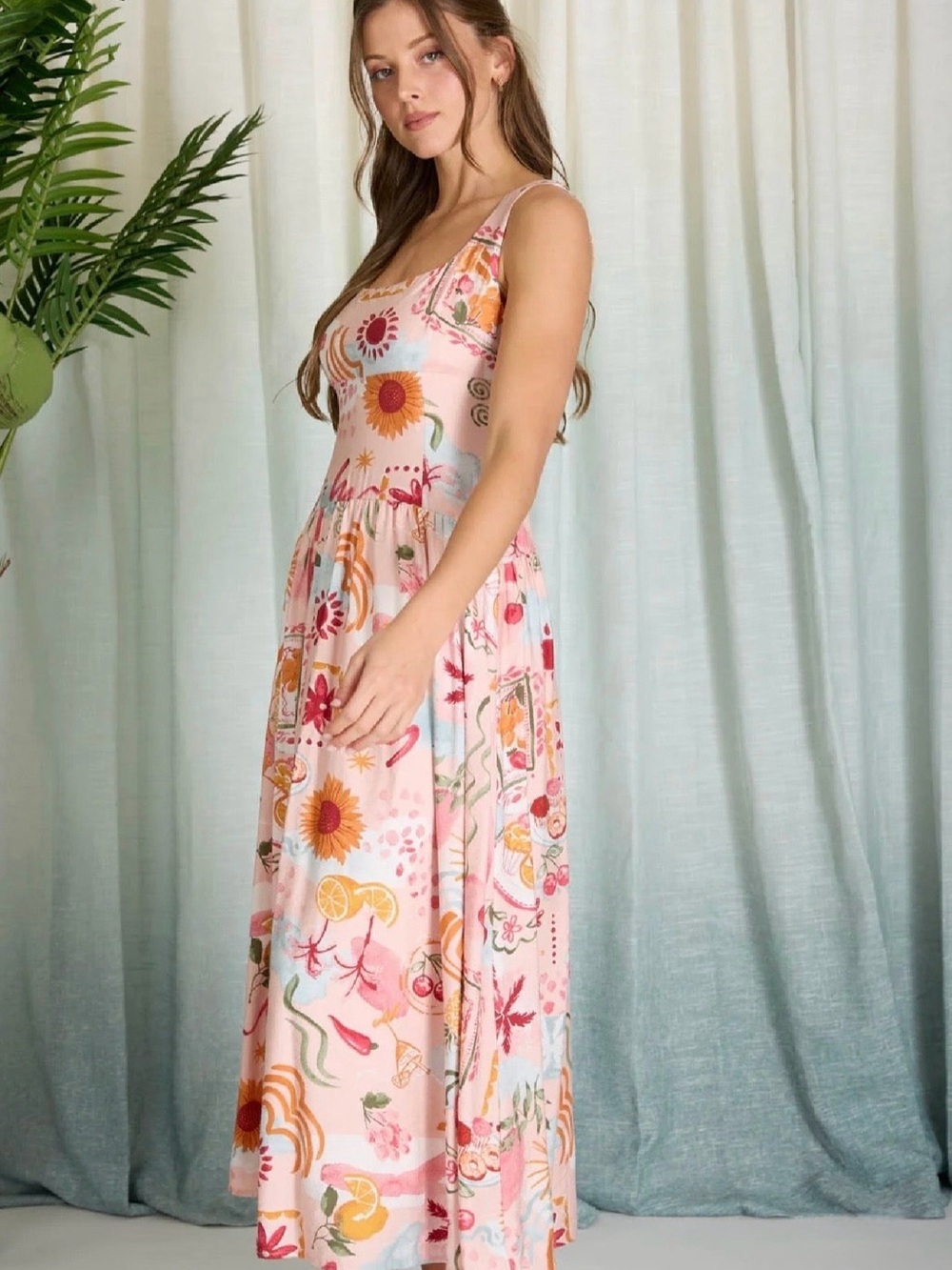 Pastel Pink Floral Print Midi Tank Dress - Picture 2 of 5